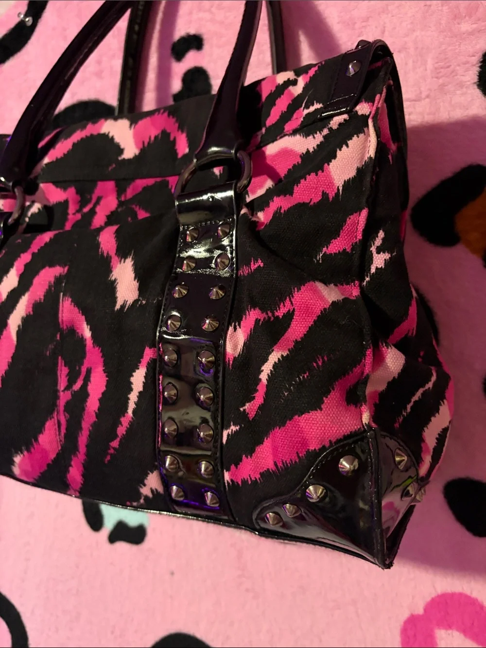 Pink and Black Zebra-Print Studded Shoulder Bag